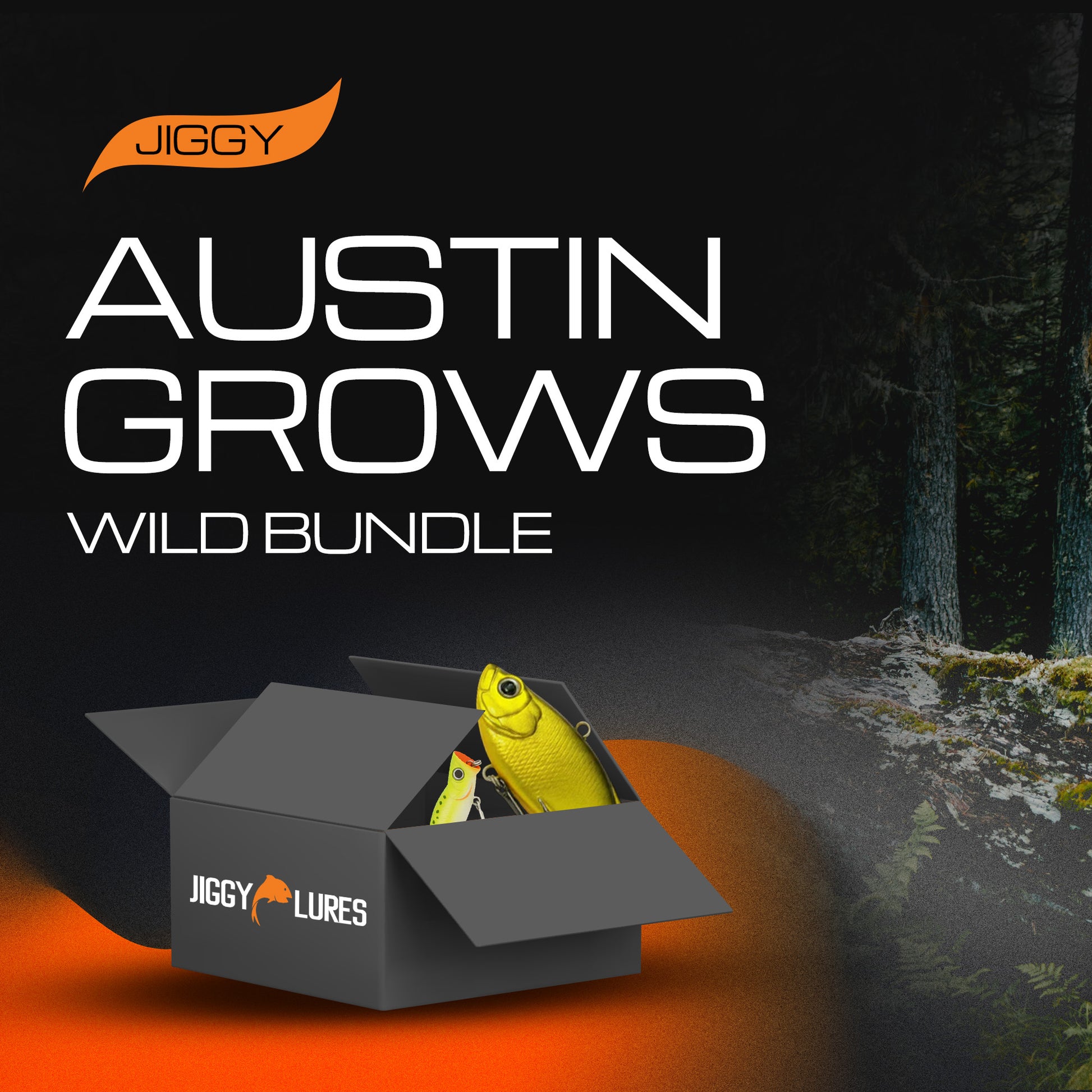 Jiggy Lures packaging with a yellow lure and 'Austin Grows Wild Bundle' text on a dark background.