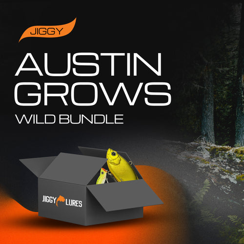 Jiggy Lures packaging with a yellow lure and 'Austin Grows Wild Bundle' text on a dark background.