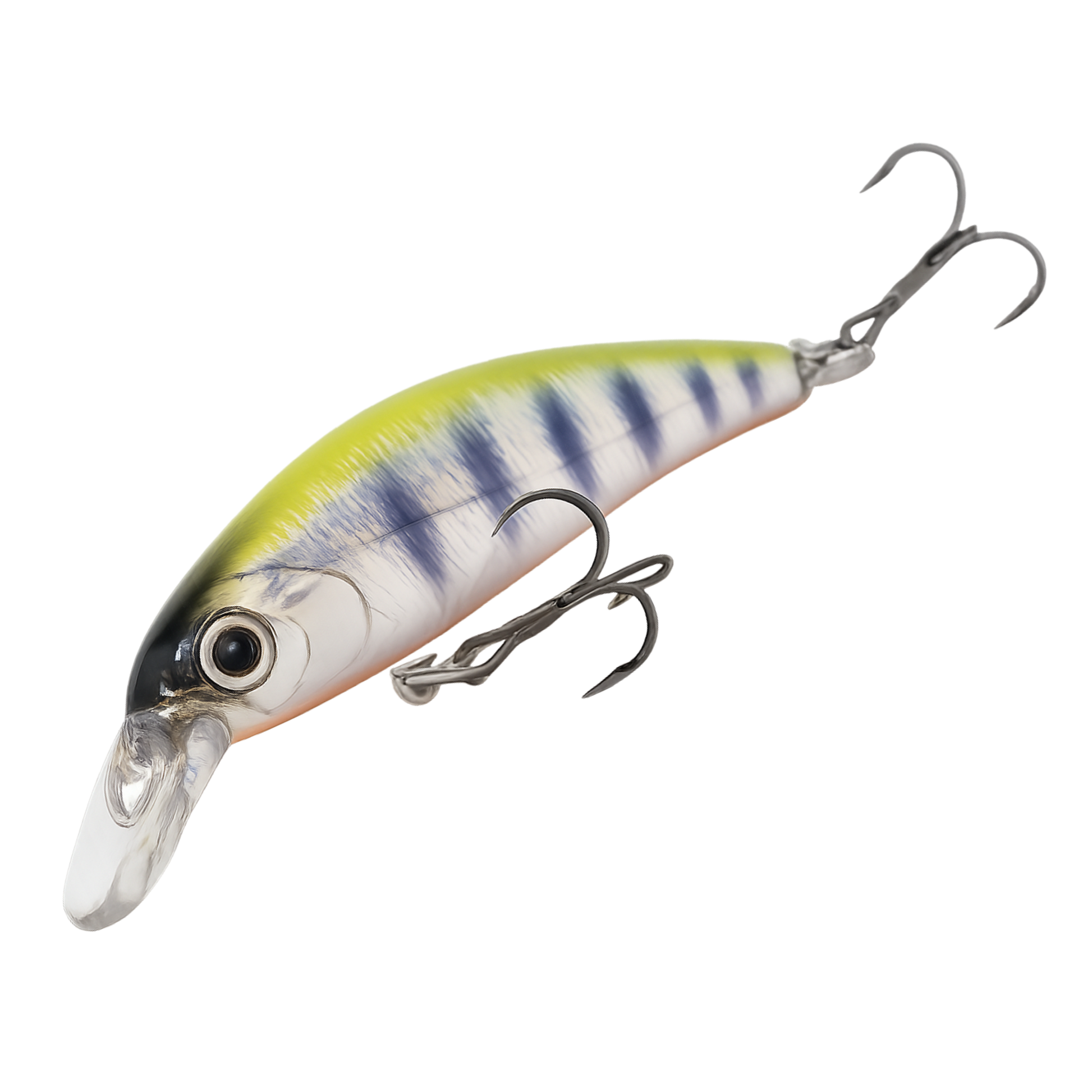 Fishing lure with a striped body and treble hooks on a white background
