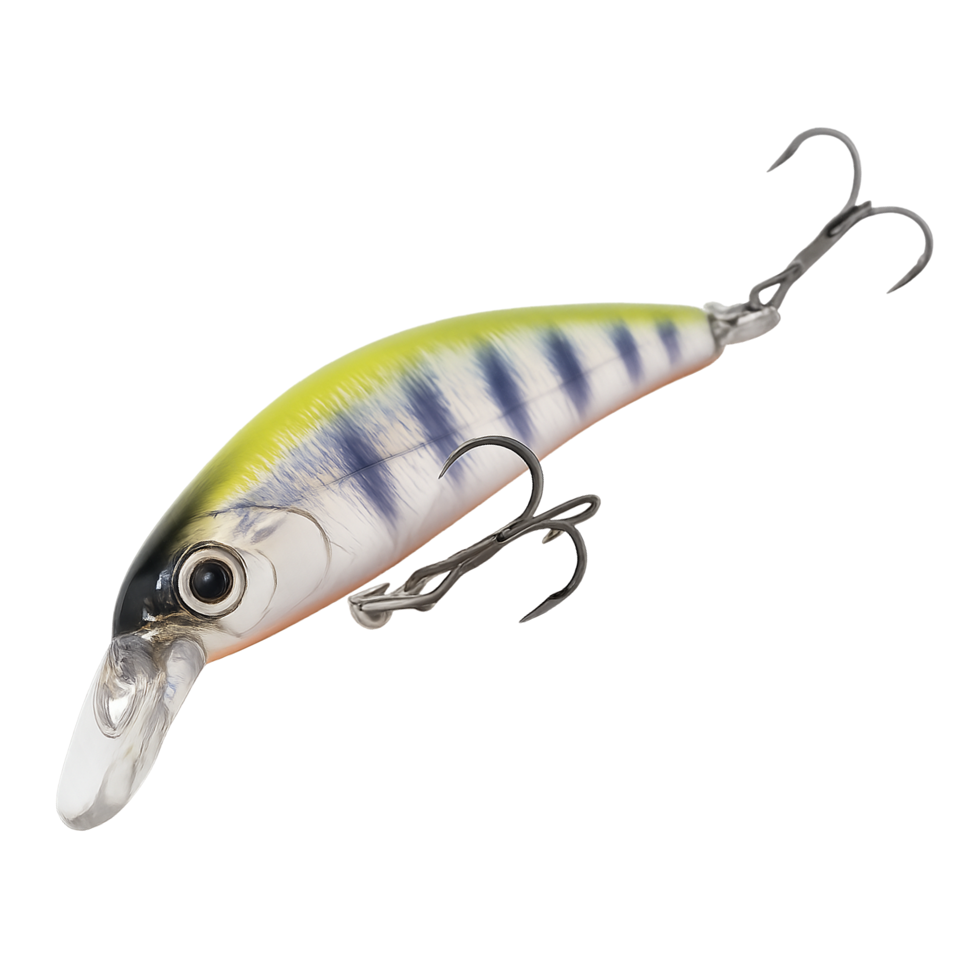 Fishing lure with a striped body and treble hooks on a white background