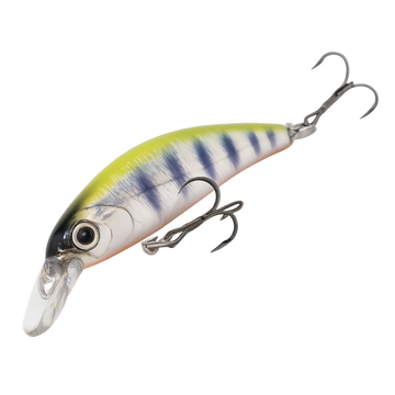 Fishing lure with a striped body and treble hooks on a white background