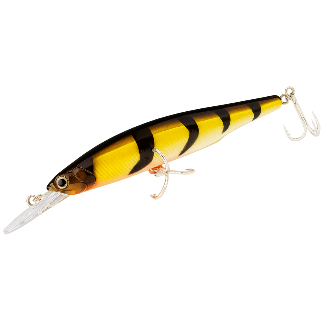 Fishing lure with a striped pattern on a white background