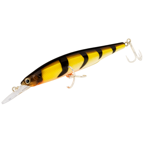 Fishing lure with a striped pattern on a white background