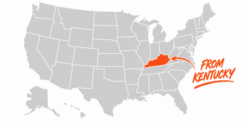 Map of the United States with Kentucky highlighted in orange and text 'From Kentucky' in red.