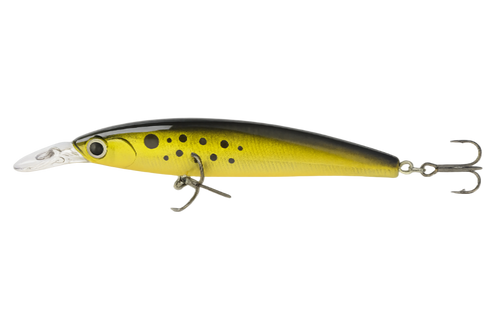 Yellow and black fishing lure on a white background