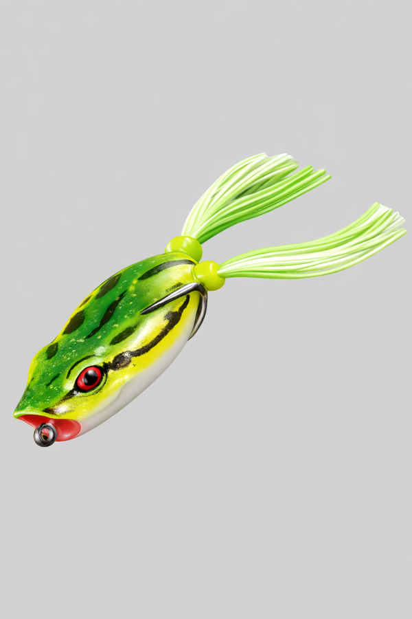Frog-shaped fishing lure on a gray background
