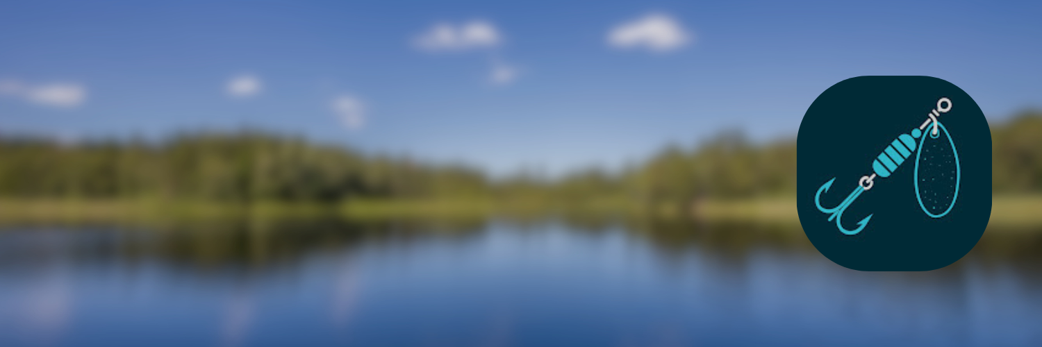 Fishing lure icon on a blurred lake background