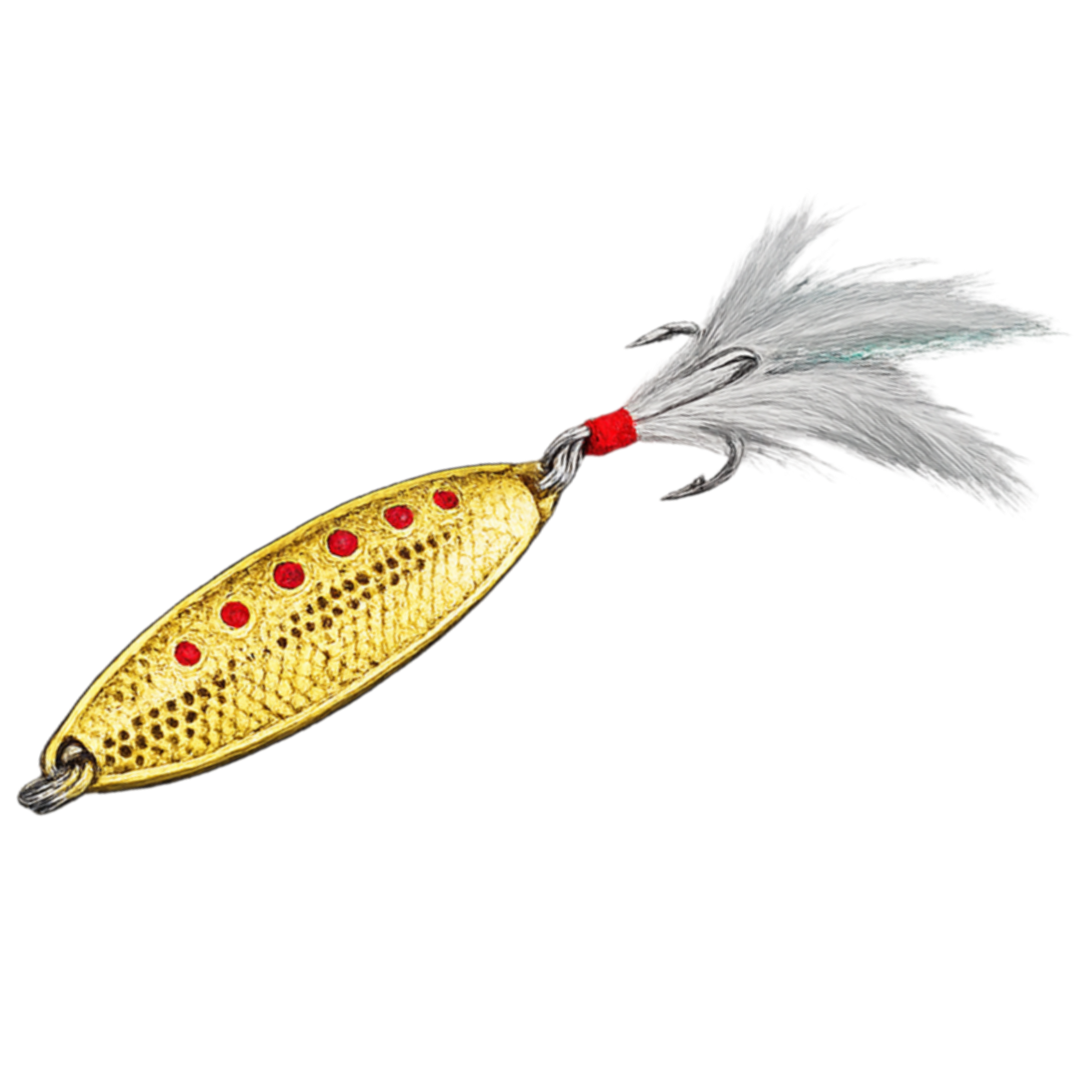 Gold fishing lure with red spots and a white feather on a white background