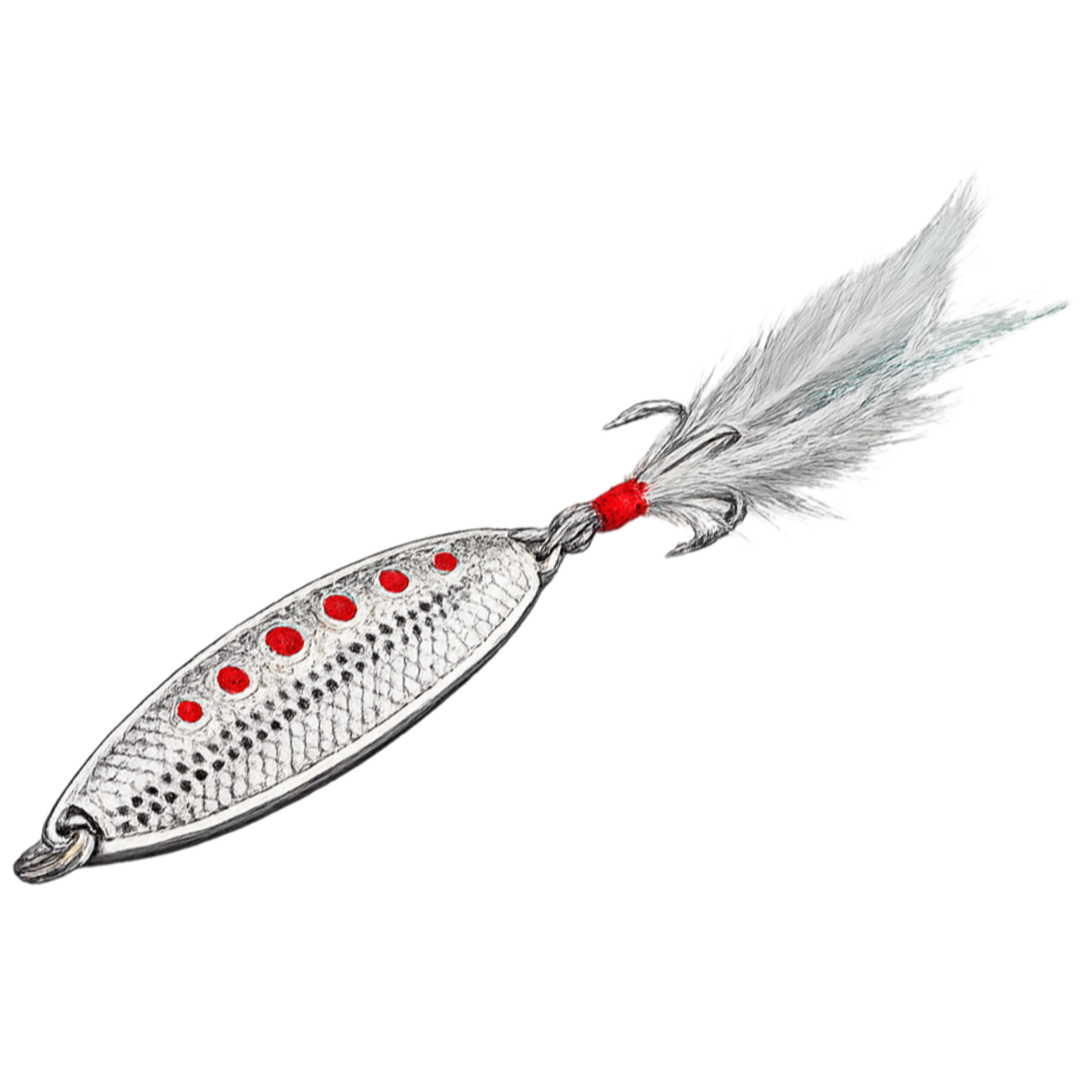 Fishing lure with red spots and a feather on a white background