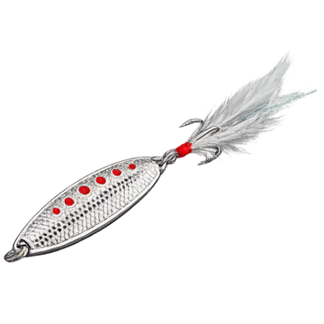 Fishing lure with red spots and a feather on a white background