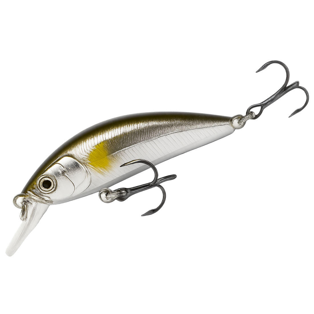 Fishing lure with a silver and yellow body on a white background