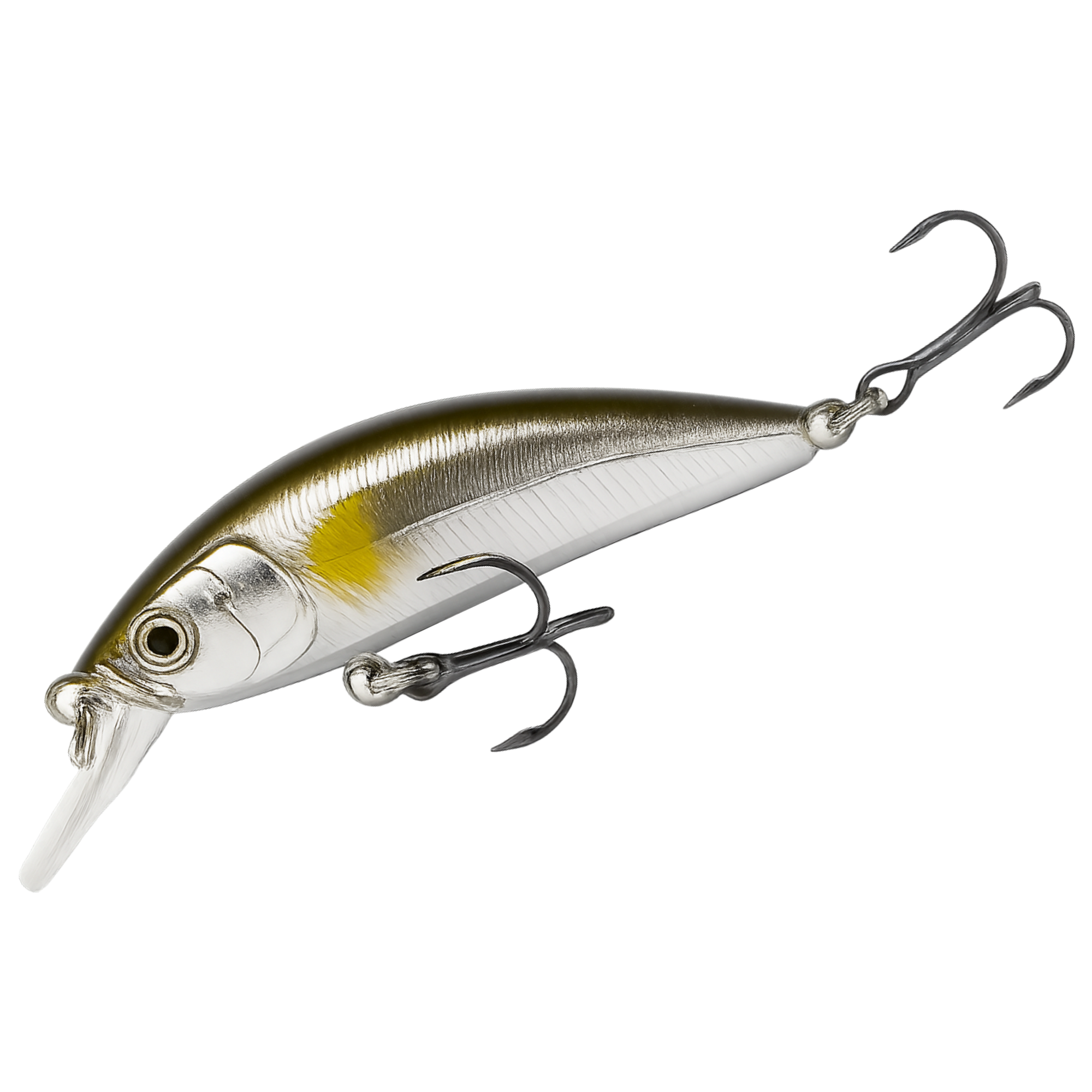 Fishing lure with a silver and yellow body on a white background