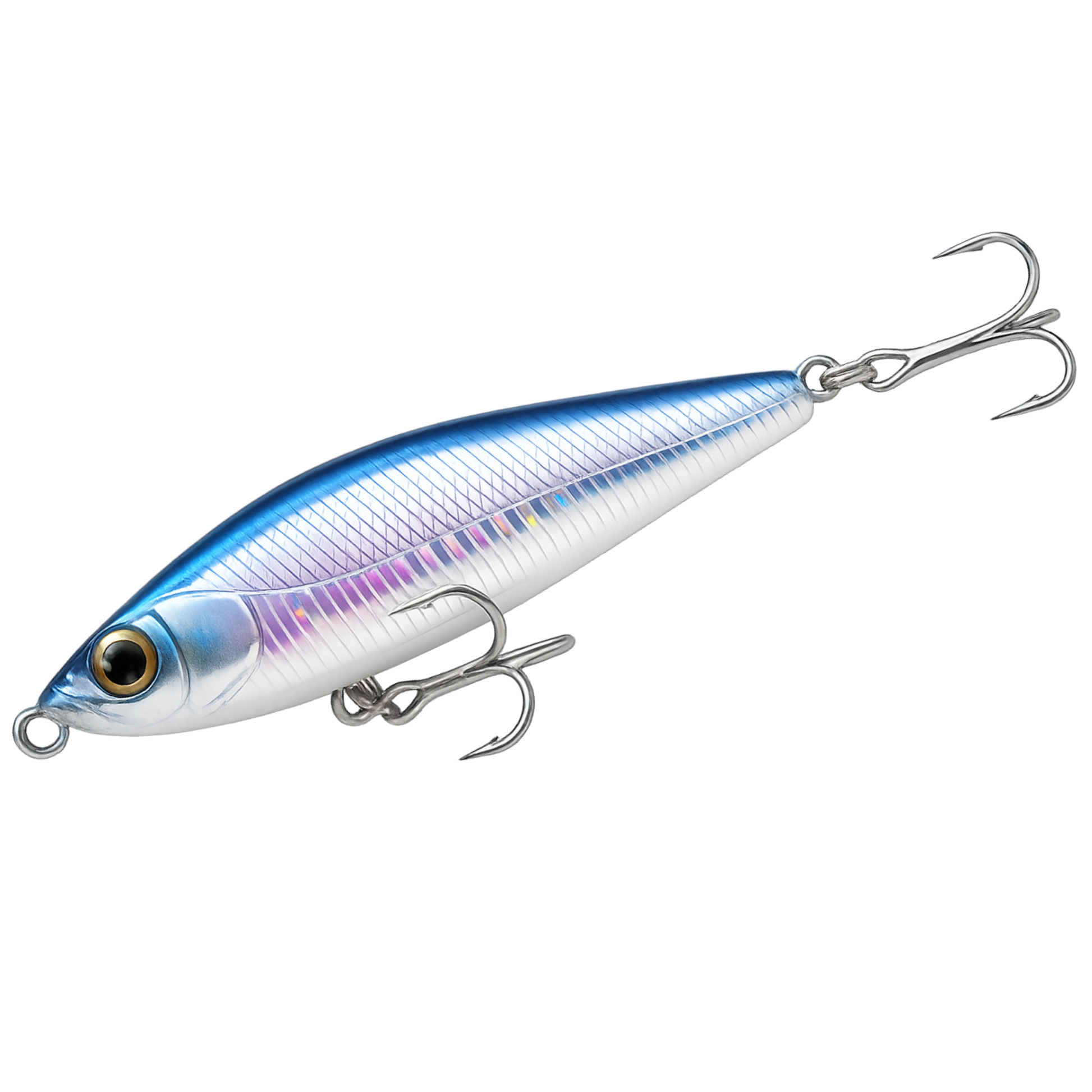 Blue and silver fishing lure with a hook on a white background