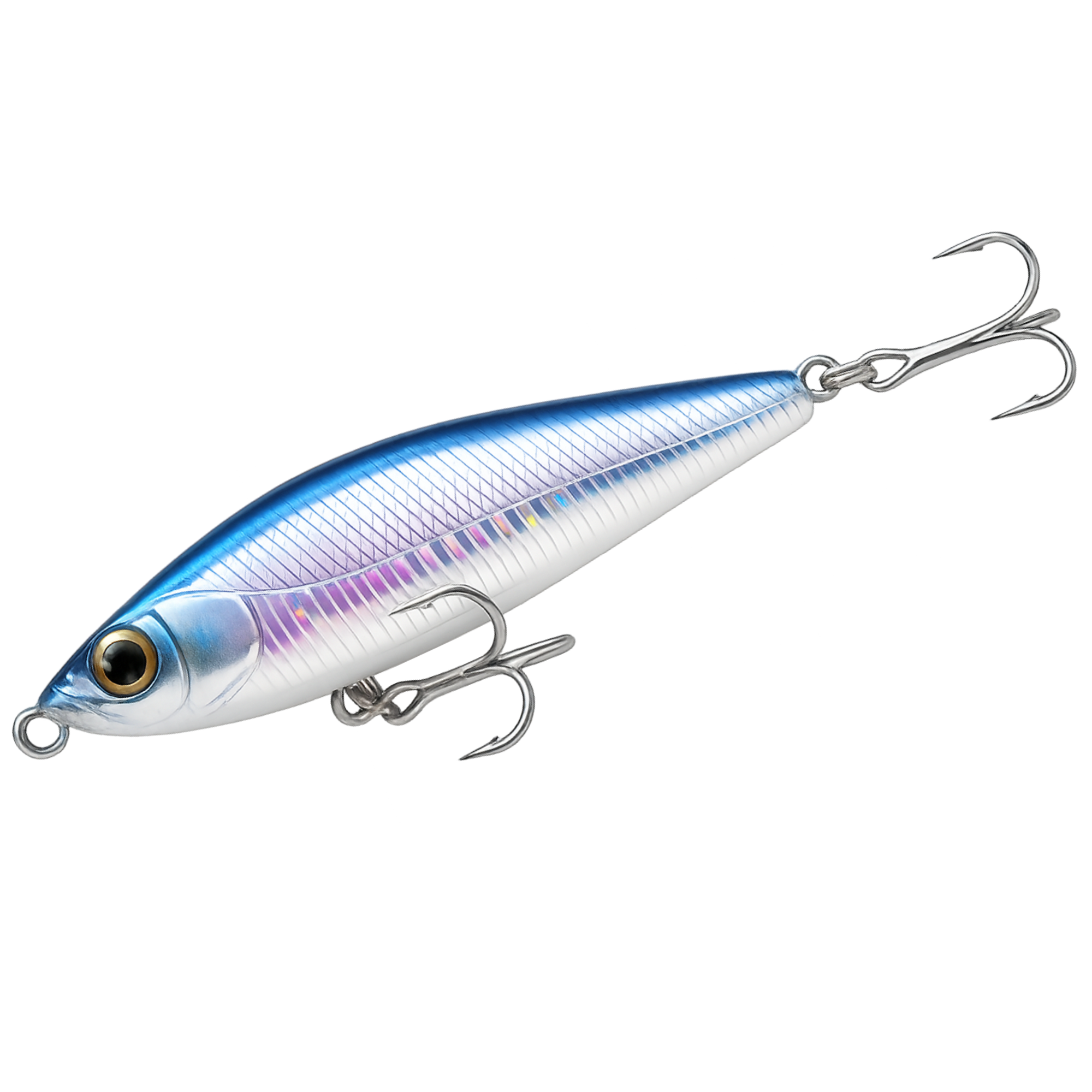 Blue and silver fishing lure with a hook on a white background