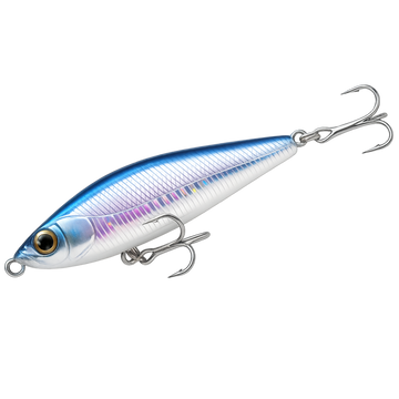Blue and silver fishing lure with a hook on a white background