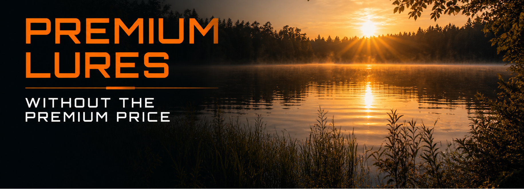 Sunset over a lake with text overlay 'Premium Lures Without the Premium Price' on a dark background.1621243260e1af0c20-0