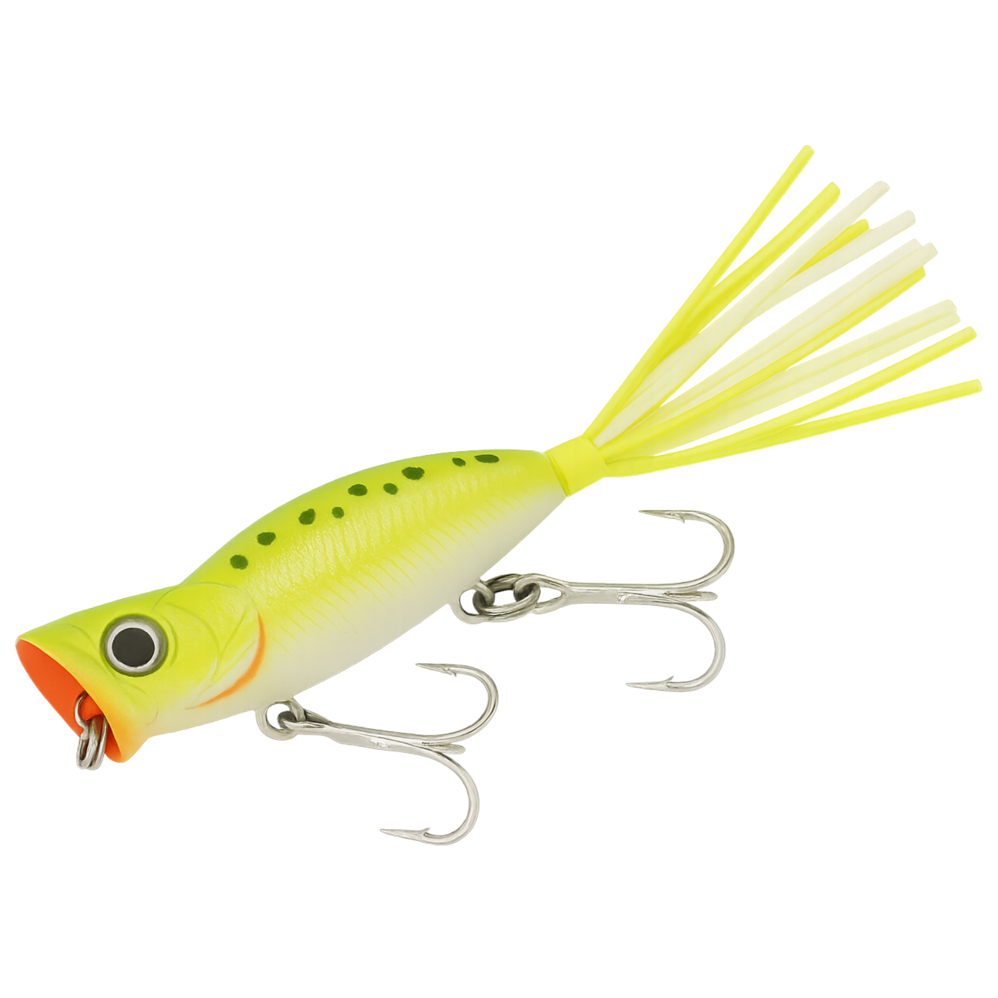 Yellow and orange fishing lure with a skirt on a white background