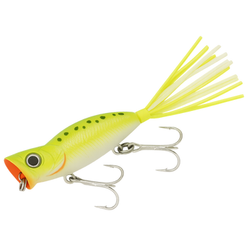 Yellow and orange fishing lure with a skirt on a white background
