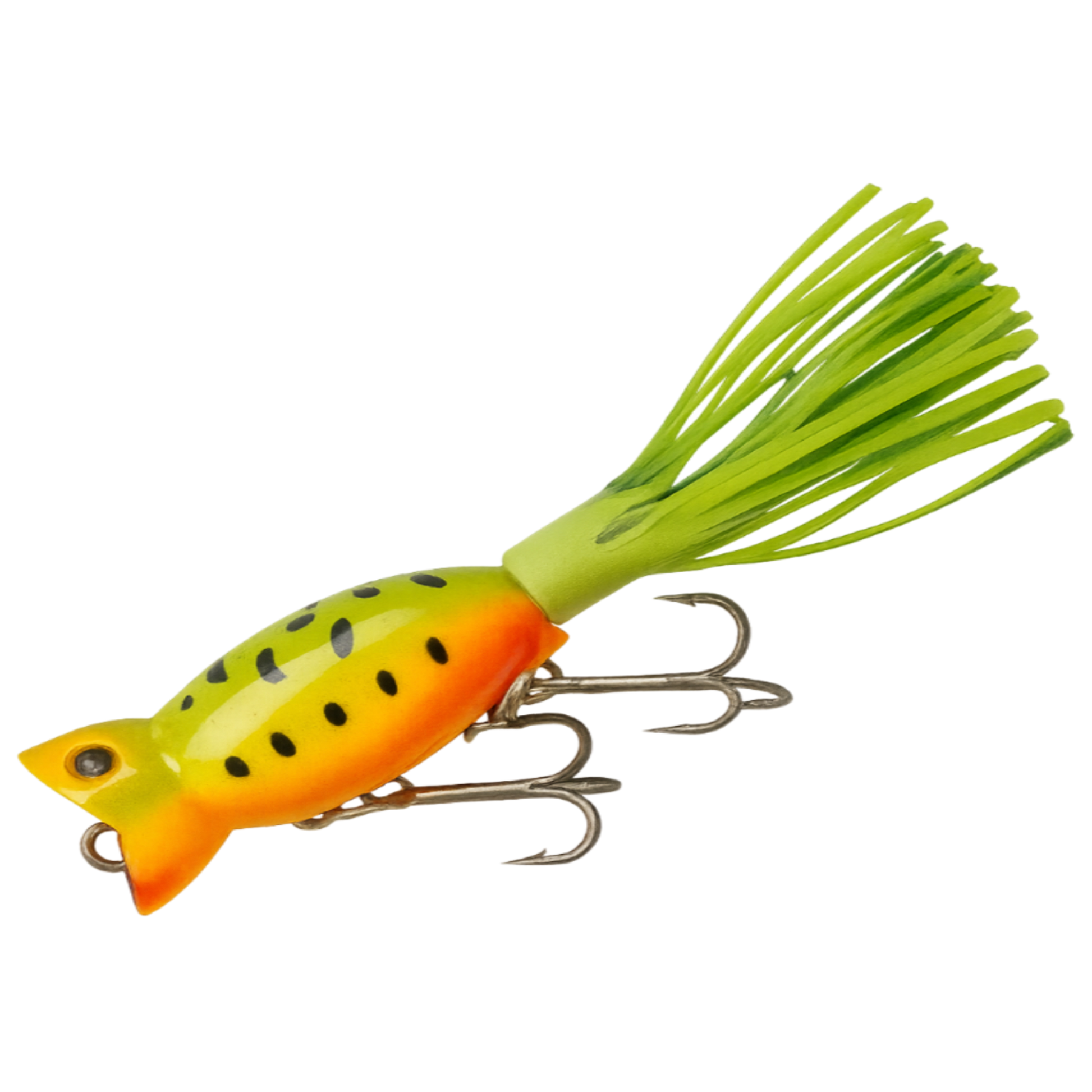 Fishing lure with green body and orange belly on a white background
