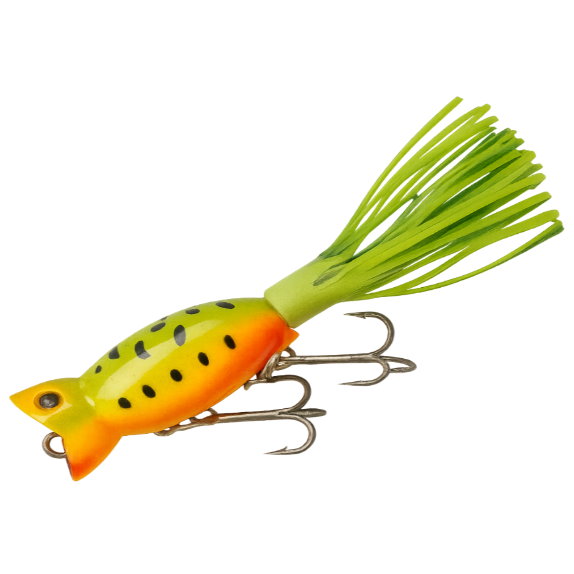 Fishing lure with green body and orange belly on a white background