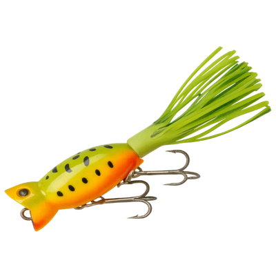 Fishing lure with green body and orange belly on a white background
