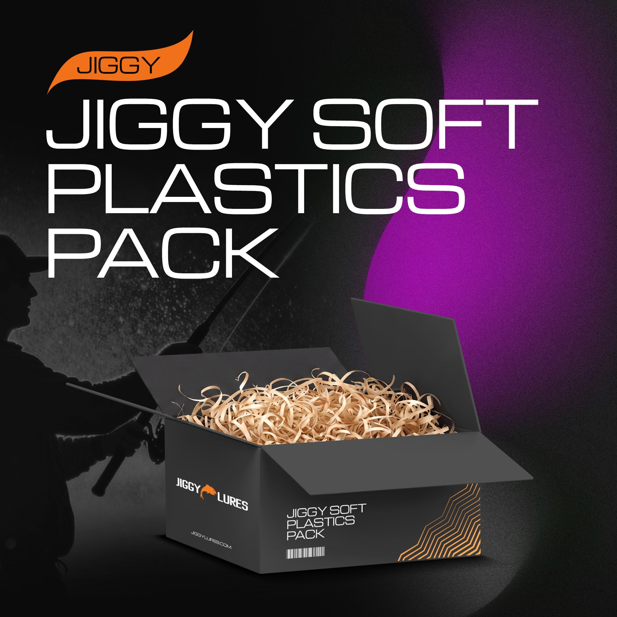 Jiggy Soft Plastics Pack in a black branded box filled with tan shredded plastic, shown on a dark studio background with purple lighting and large product text.