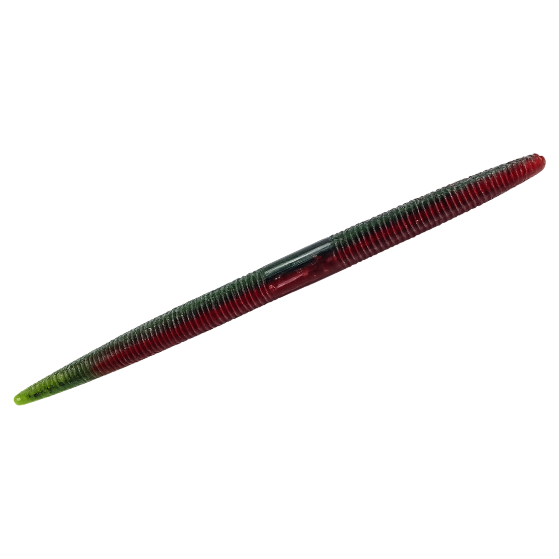 Red and green fishing lure on a white background