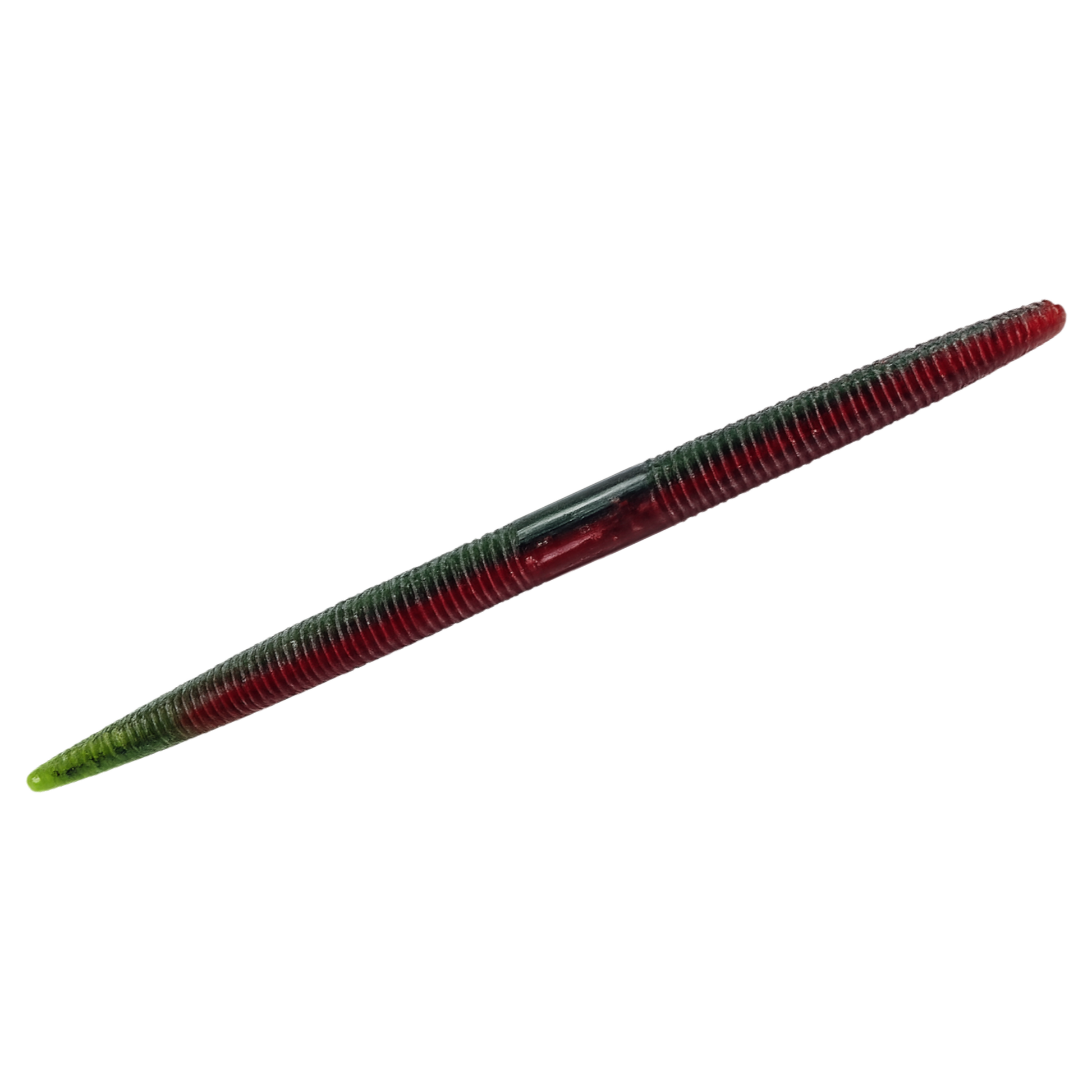 Red and green fishing lure on a white background