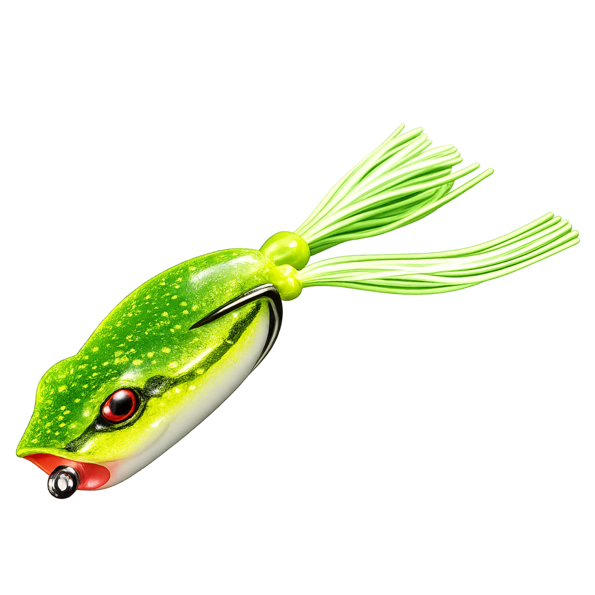 Green frog-shaped fishing lure with red eyes on a white background