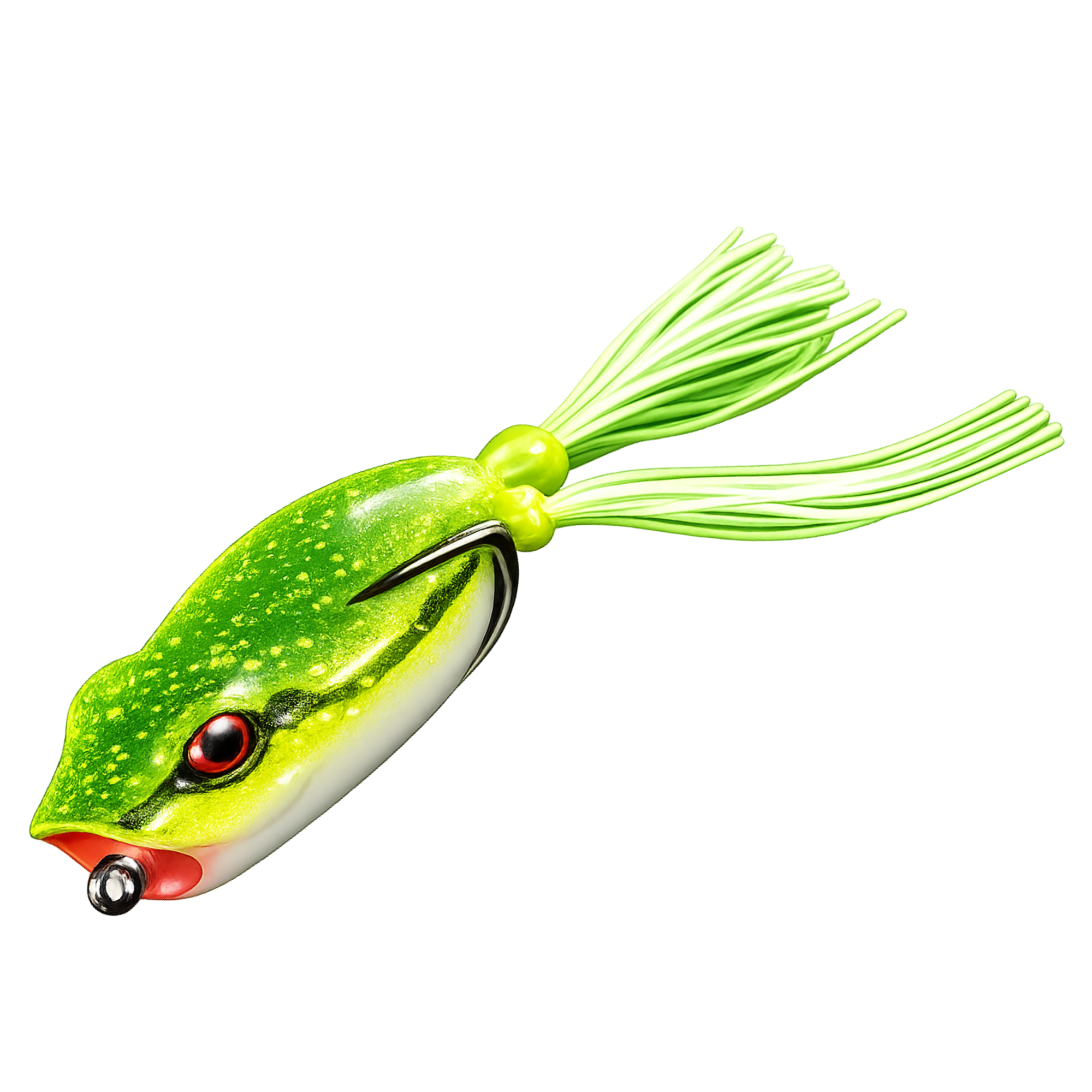 Green frog-shaped fishing lure with red eyes on a white background
