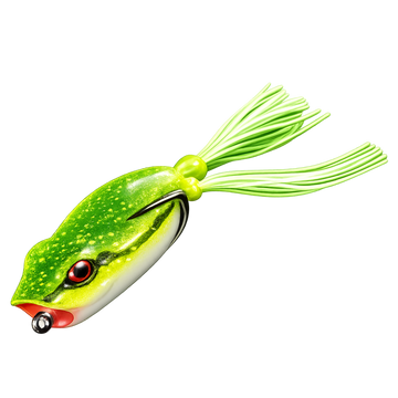 Green frog-shaped fishing lure with red eyes on a white background