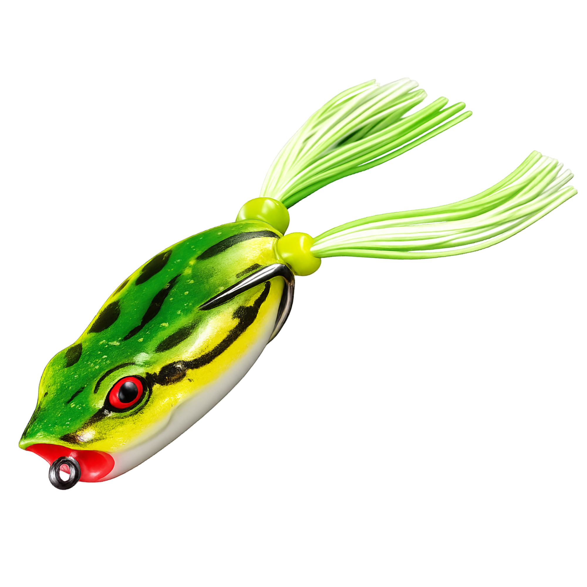 Fishing lure shaped like a frog with green and black pattern on a white background