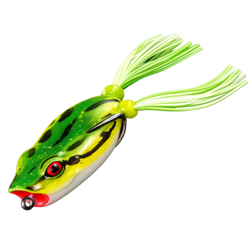 Fishing lure shaped like a frog with green and black pattern on a white background