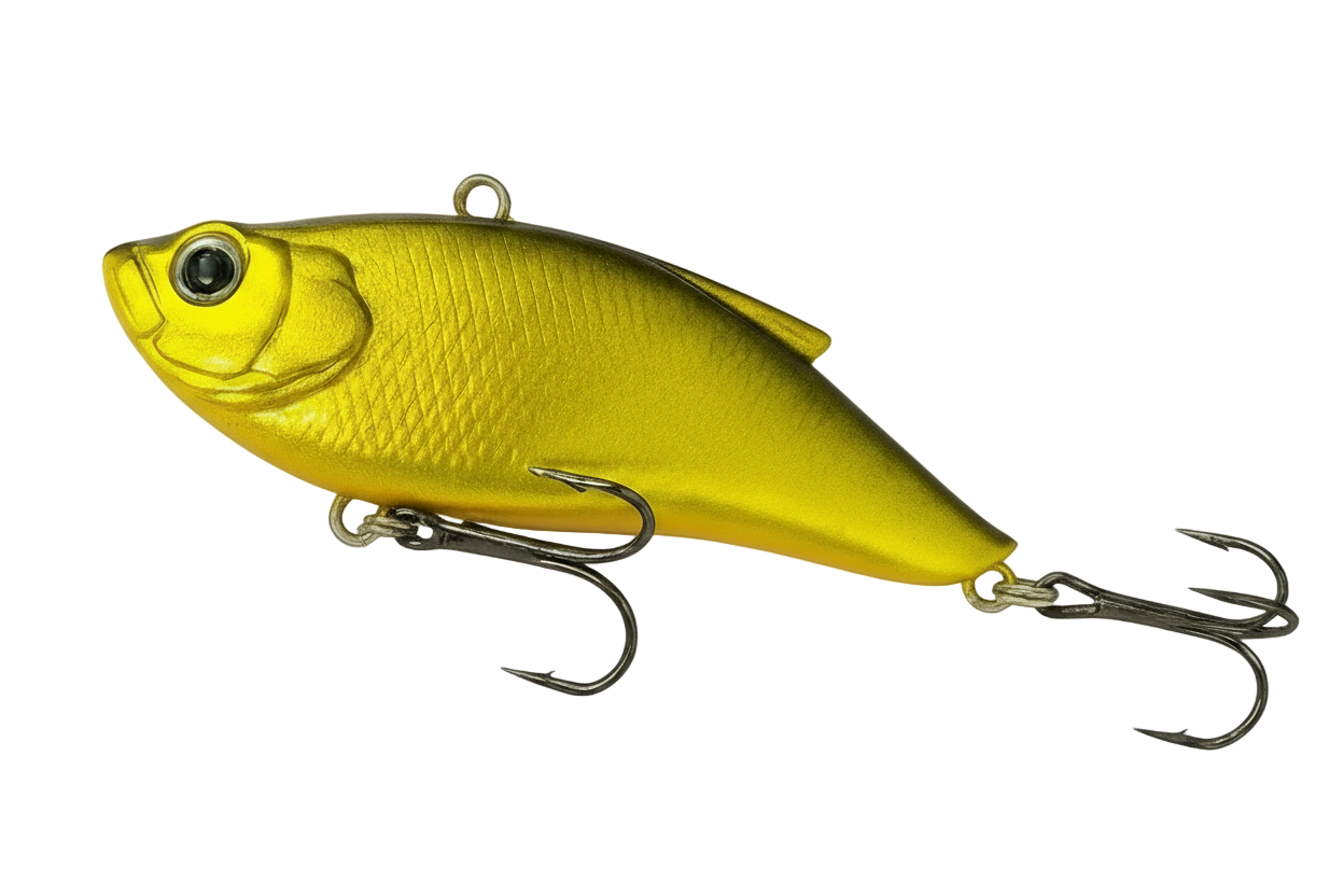 Yellow fishing lure with a hook on a white background