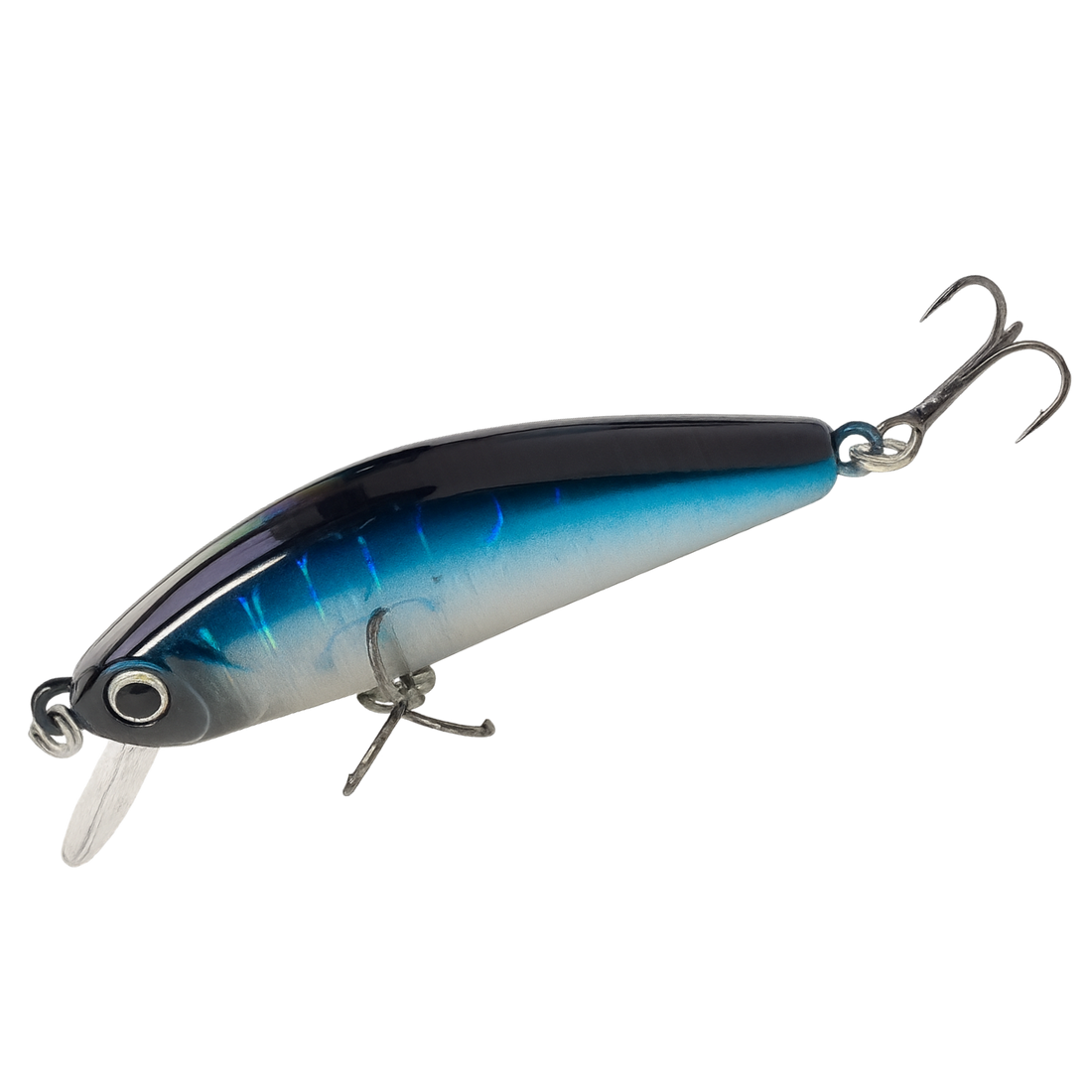 Blue and black fishing lure on a white background