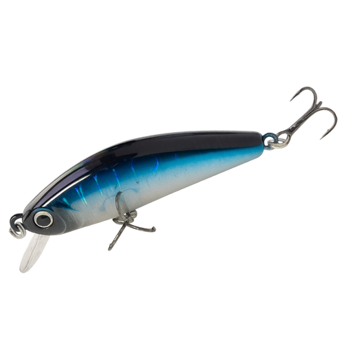 Blue and black fishing lure on a white background
