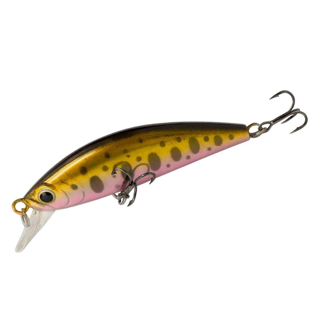 Fishing lure with gold and pink body on a white background