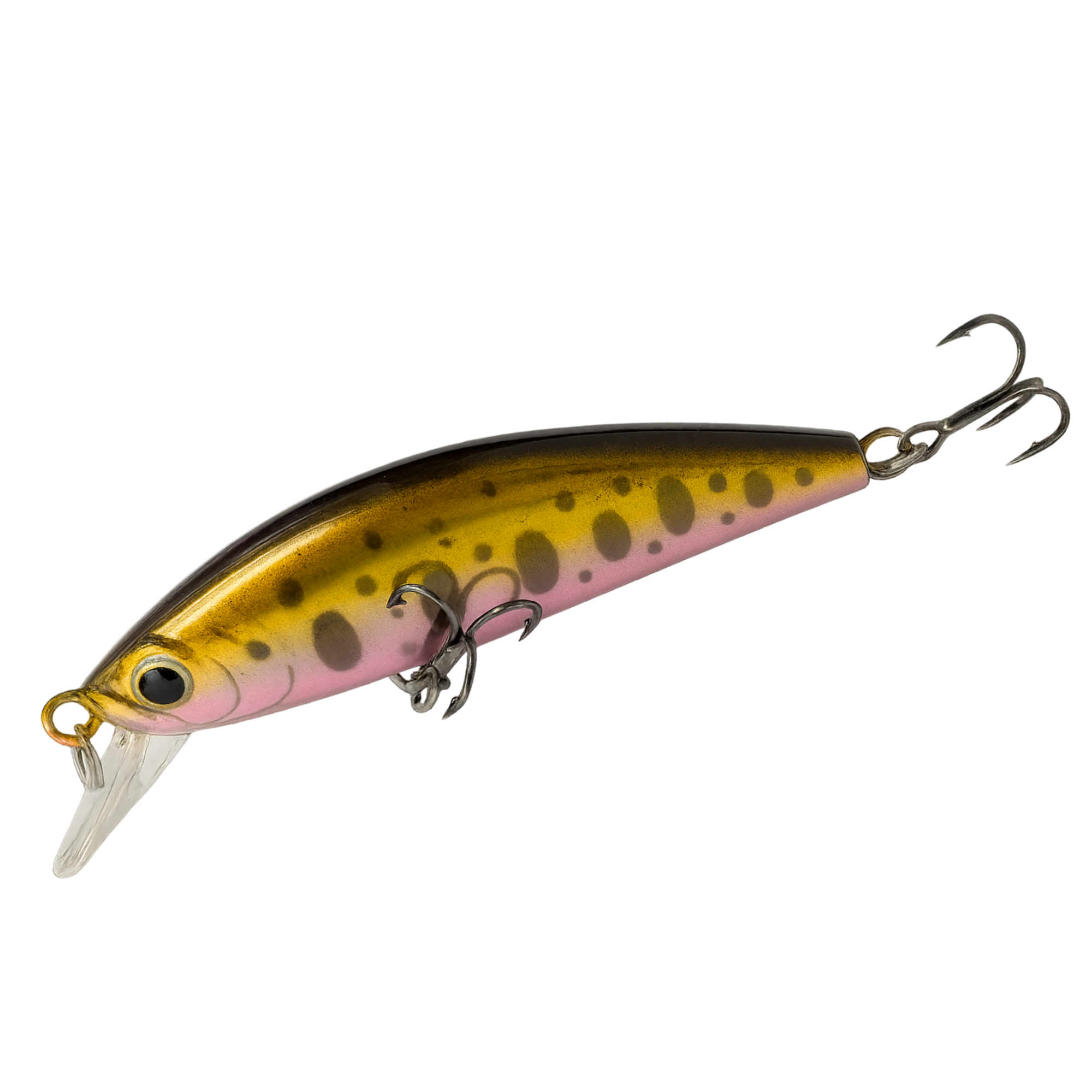 Fishing lure with gold and pink body on a white background