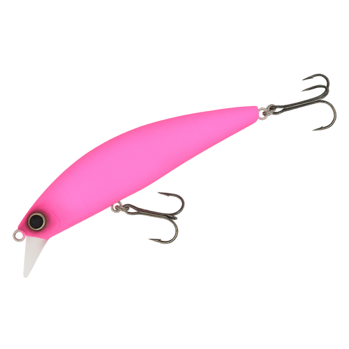 Pink fishing lure with three hooks on a white background