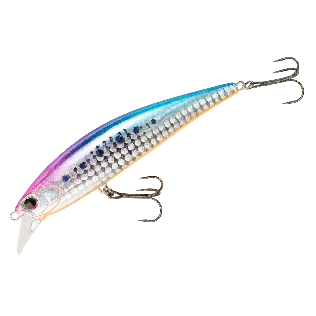Fishing lure with a multicolored body and treble hooks on a white background