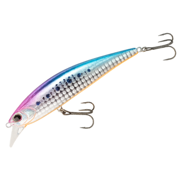 Fishing lure with a multicolored body and treble hooks on a white background