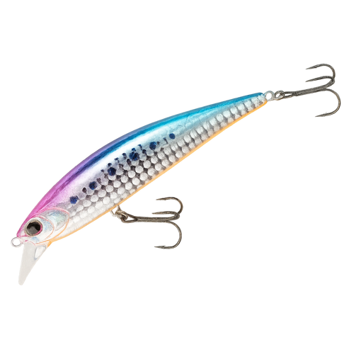 Fishing lure with a multicolored body and treble hooks on a white background