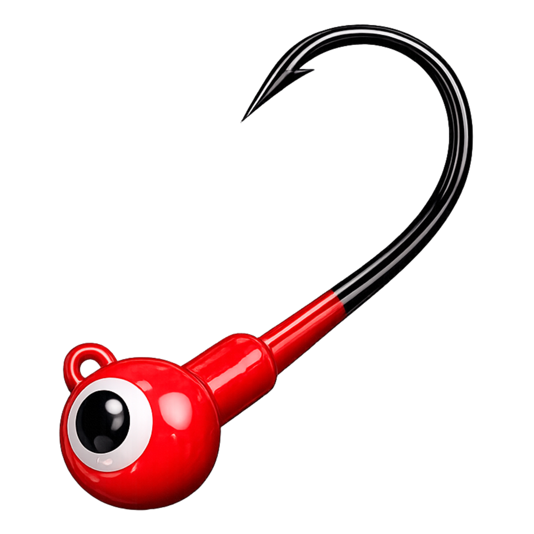Red fishing lure with a black eye and hook on a white background