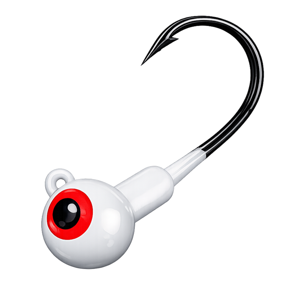 Bait hook with a white body, red eye, and black hook on a white background