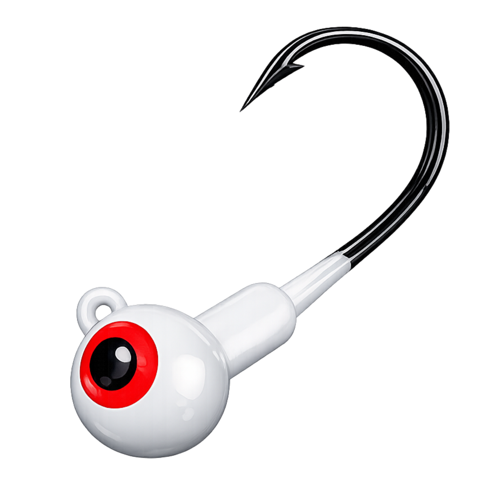 Bait hook with a white body, red eye, and black hook on a white background