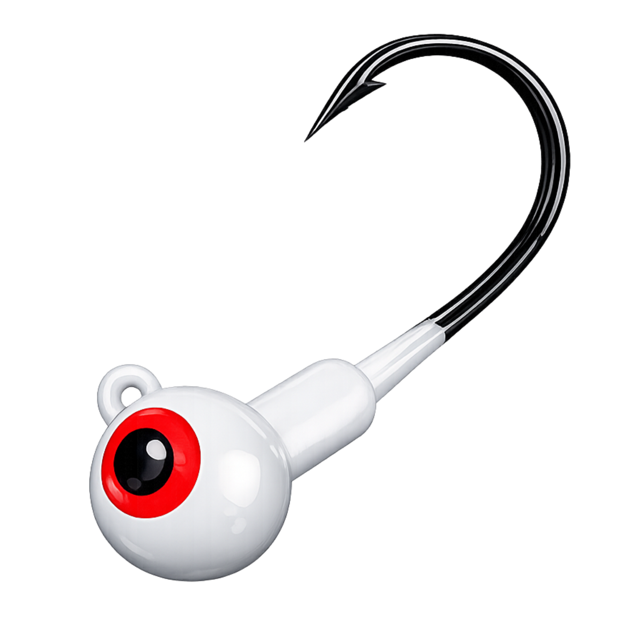 Bait hook with a white body, red eye, and black hook on a white background