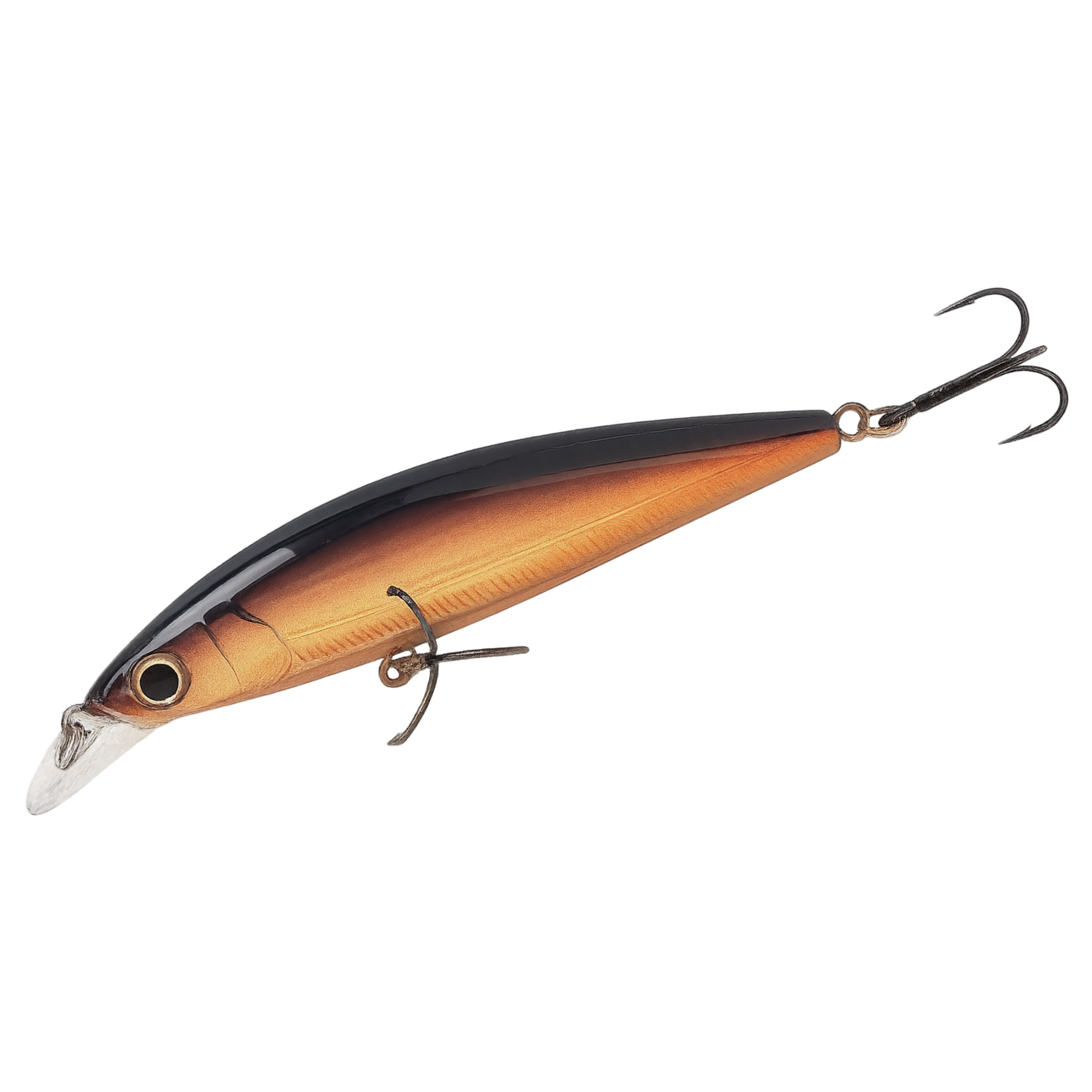 Fishing lure with a black and orange body on a white background