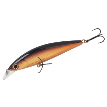Fishing lure with a black and orange body on a white background