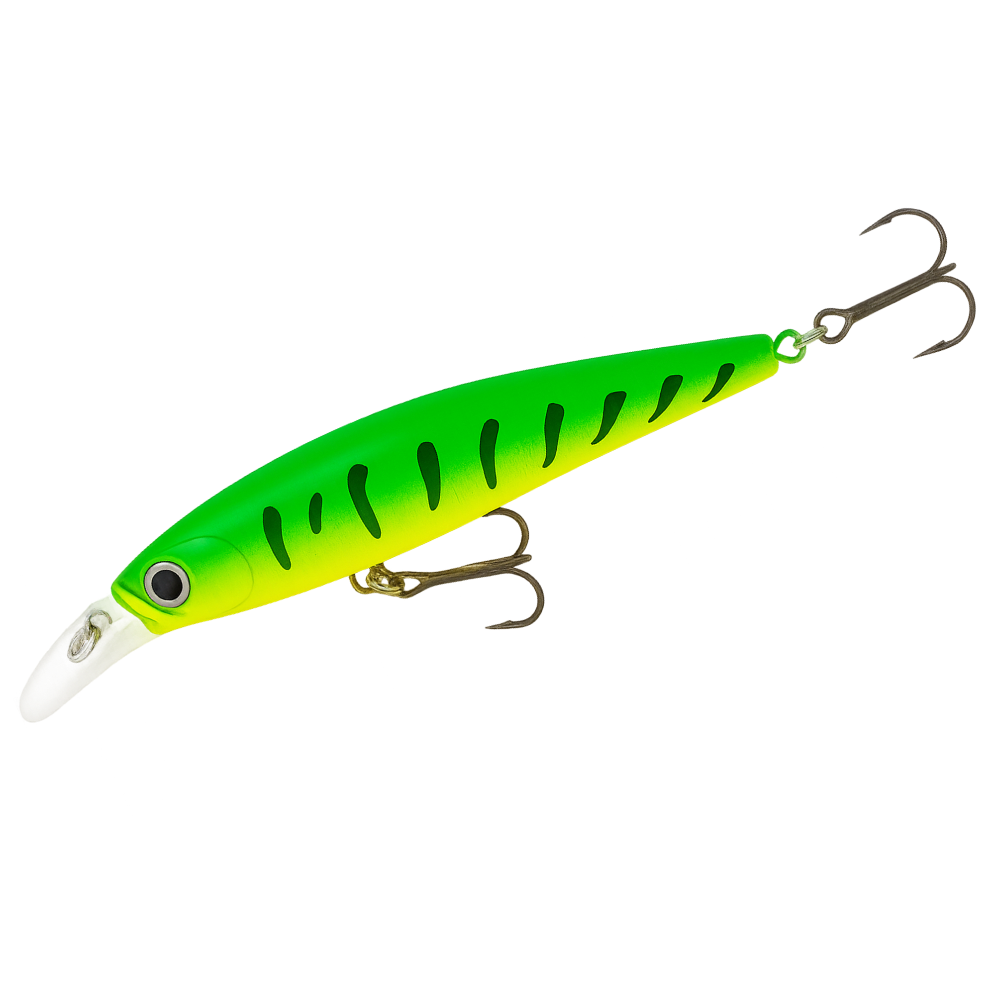 Green and yellow fishing lure with a hook on a white background