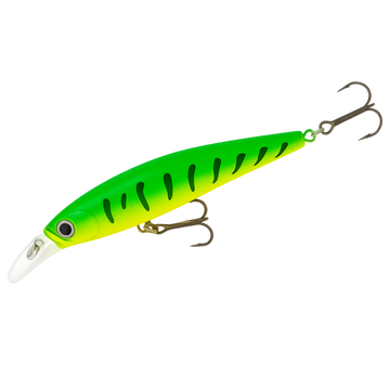 Green and yellow fishing lure with a hook on a white background